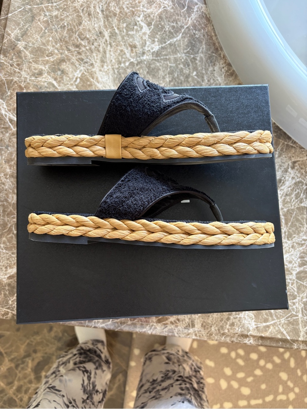 CHANEL Black and Natural Raffia Thong Sandals - Picture 7 of 8